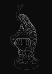 A majestic peacock perches atop an ornate vase, its intricate feathers fanned out in a detailed contour drawing. The dark background highlights the bird's elegant form as it appears ready to take.