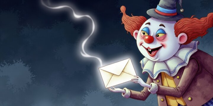 Happy clown holding a magical envelope with a joyful expression  