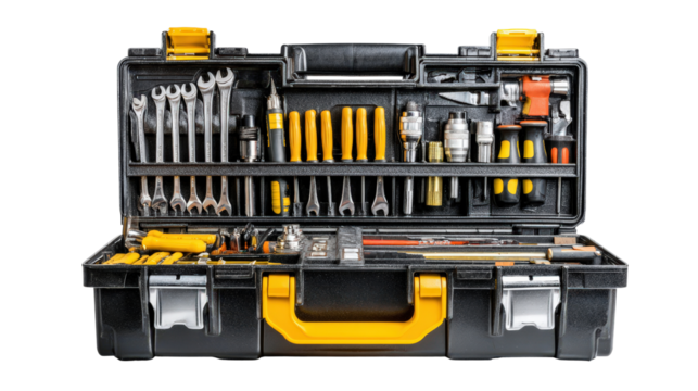 Compact toolbox with multiple tool compartments background isolated on a Transparent background, PNG file.