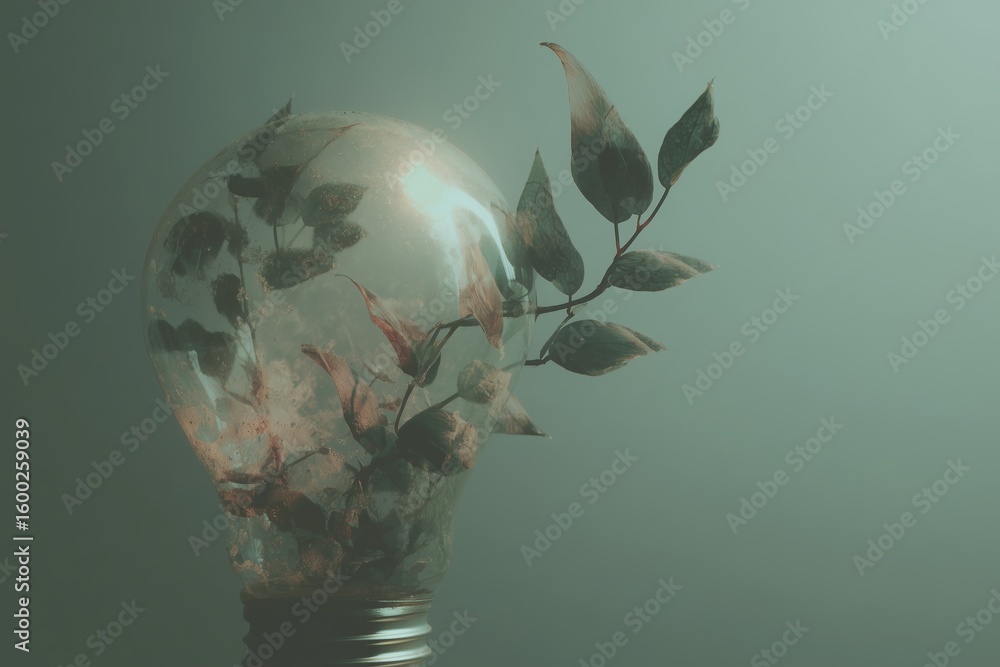 Poster innovative use of light bulb as a planter creates a unique blend of nature and creativity in a soft,