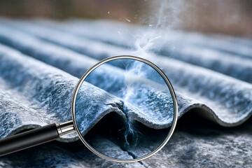ANALYSIS OF THE COMPOUNDS OF A DANGEROUS ASBESTOS ROOF - Concept of invisible risk, hazardous fibers, health threat, analysis for lung cancer prevention with magnifying glass