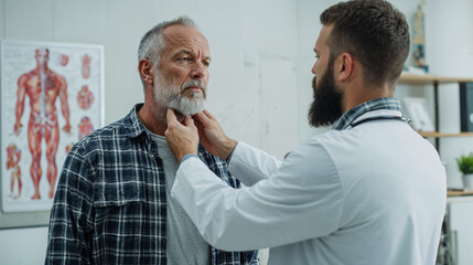 Obraz premium Doctor examining senior man lymph nodes in medical office