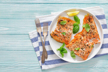 grilled salmon fillets with skin-on, top view