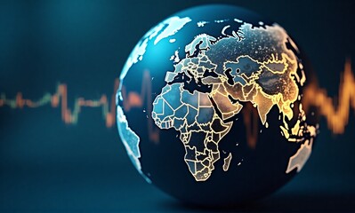 A glowing Earth model with highlighted continents rests beside a dynamic graph representing global connectivity and data flow, symbolizing worldwide communication and economic trends.
