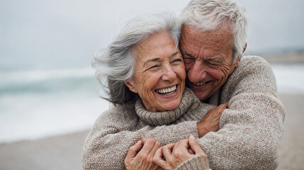 Happy senior couple embracing and laughing on the beach