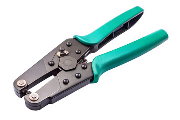 A greenhandled wire crimping tool with metal jaws is presented isolated on a transparent background for electrical applications