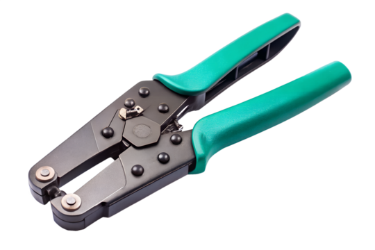 A greenhandled wire crimping tool with metal jaws is presented isolated on a transparent background for electrical applications