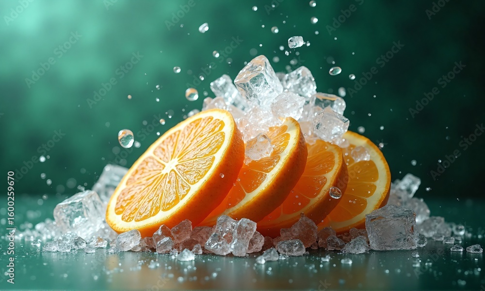 Poster refreshing image of sliced oranges nestled in ice, water droplets splashing dynamically against a te