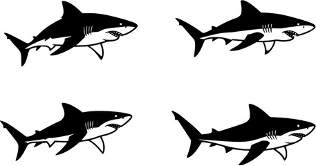 Obraz premium four vectors of sharks, black and white 