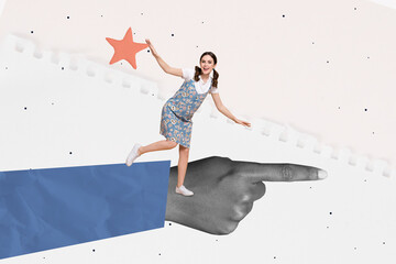 Creative 3d trendy photo collage of happy businessman businesswoman stand hand point development...