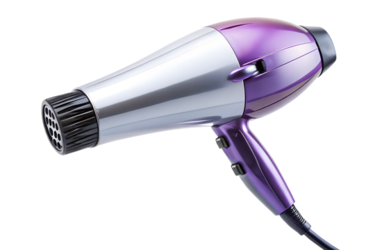 A sleek purple and silver professional hairdryer with a black nozzle is isolated on a clean transparent background