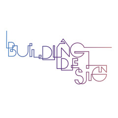 A stylized vector logo with the words "Building Design" in a continuous line style, flowing smoothly from letter to letter using clean geometric shapes with a gradient transition from blue to purple. 
