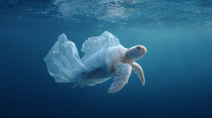 A plastic bag shaped with a sea turtle, floating in the ocean. 