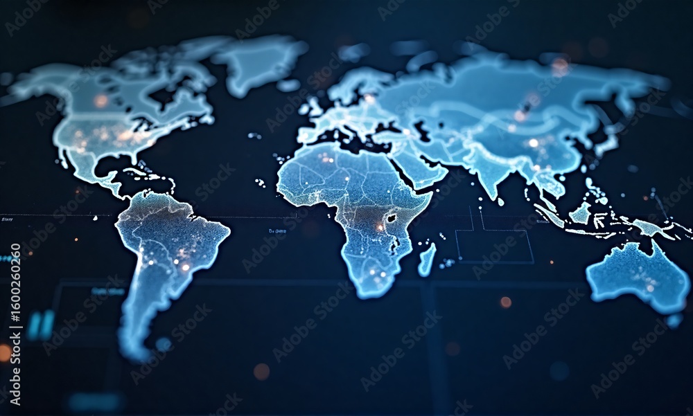 Poster a glowing, digital world map displays interconnected continents, emphasizing global network and digi