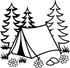 Camping scene in forest with flowers, SVG with clean lines.Simple Black and White Camping Scene with Tent and Nature