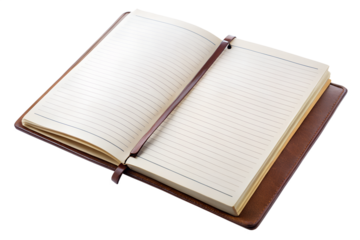 An open spiralbound notebook with lined pages and a brown leather cover featuring a ribbon bookmark presented on a transparent background