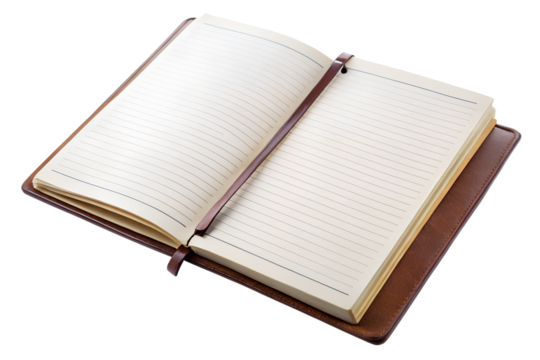 An open spiralbound notebook with lined pages and a brown leather cover featuring a ribbon bookmark presented on a transparent background