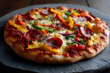 Homemade pizza with bubbling cheese, colorful vegetables, and pepperoni on a hot stone peel, captured in rustic kitchen lighting for a hearty, inviting, and naturally styled food photography feel.