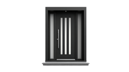 Contemporary black front door with vertical glass stripes background isolated on a Transparent background, PNG file.
