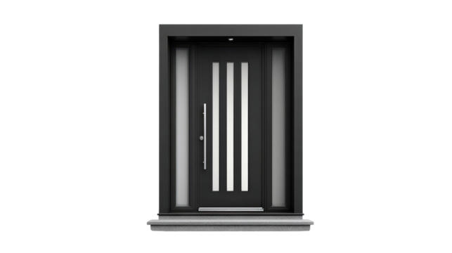 Contemporary black front door with vertical glass stripes background isolated on a Transparent background, PNG file.