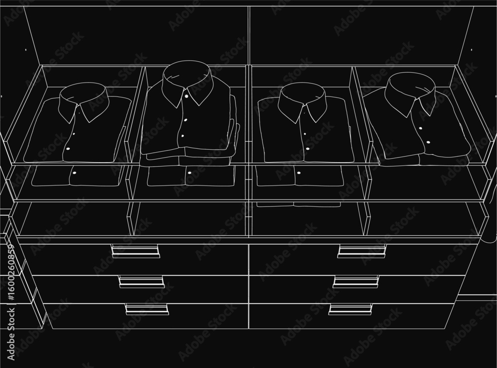 Poster a black and white contour drawing of a neatly organized wardrobe with stacked drawers and folded shi