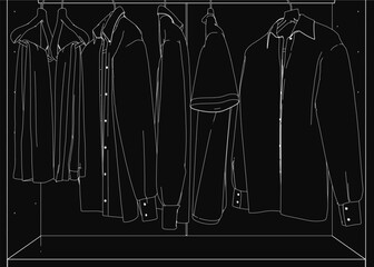 Black and white line drawing of a wardrobe with neatly arranged clothes on hangers. The contour style highlights the organized closet filled with various garments.