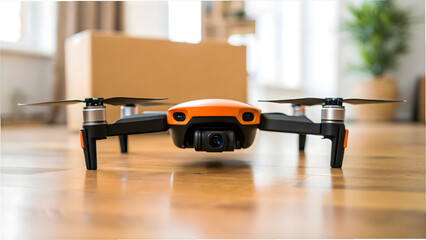 Sleek orange and black drone with camera on wooden floor