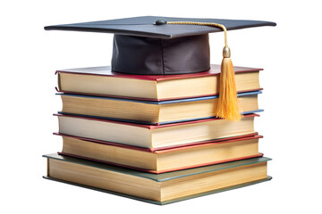 A stack of books topped with a graduation cap and tassel symbolizing education and academic achievement isolated on transparent background