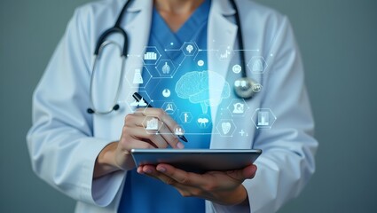 Doctor using digital tablet, futuristic medical interface, healthcare technology, innovative medicine, brain health, modern hospital, professional medical consultation.