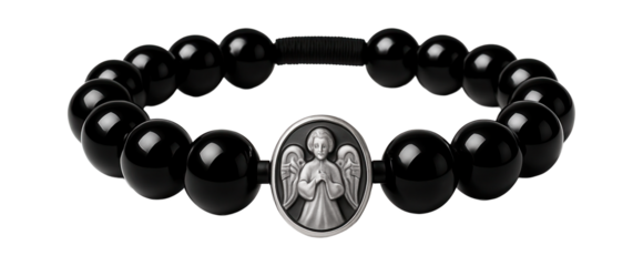 Black onyx bead bracelet with a central silver-plated guardian angel charm