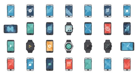 Grid Array of Colorful Flat Design Smartphones and Smartwatches with App Icons