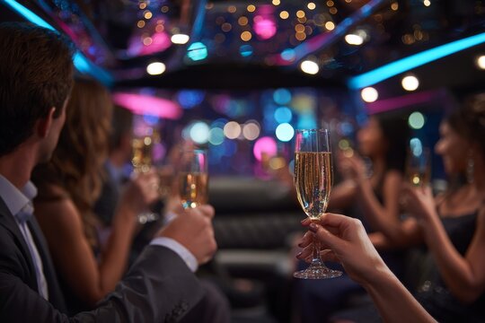 Glasses of champagne at a party, upbeat nightlife mood, festive vibrant energy. Generative AI