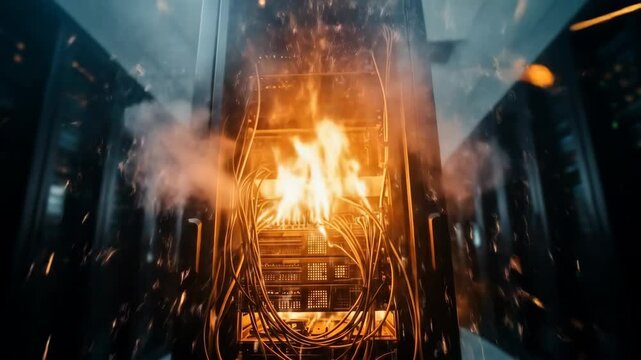 Server Room Fire Disaster - A server rack engulfed in flames, showcasing burning wires and components within a data center.