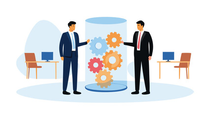 Two business men standing beside a cylinder with gears in an office environment with desks present