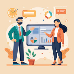 A stylized illustration depicts a man and woman presenting business data or analytics, surrounded by icons and graphs.
