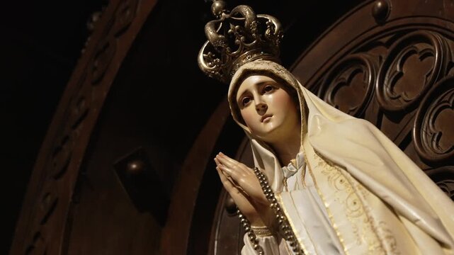 close up of crowned virgin mary statue holding rosary in dim sacred light