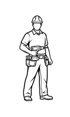 Handy Man Logo With Drill and Helmet, Clean Vector Lines, Full-body Figure