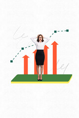 Exclusive image vertical photo collage of shocked businesswoman stand arrow development success...
