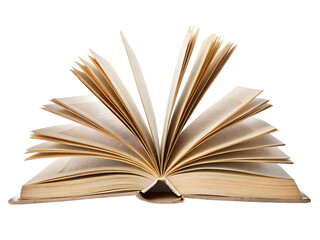 An open old book with many pages is displayed against a clean transparent background in a studio setting