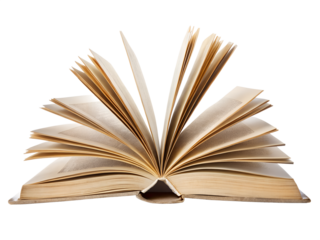 An open old book with many pages is displayed against a clean transparent background in a studio setting