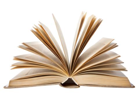 An open old book with many pages is displayed against a clean transparent background in a studio setting