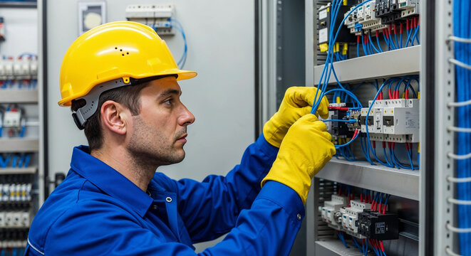 Electrician working on electrical panel and installing cables - Powered by Adobe