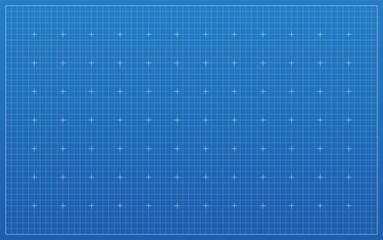 Blueprint background with grid and cross marks. Engineering, architecture or technology design template. Clean technical layout with lines. Tech paper sheet. Blue lined texture. Vector illustration.