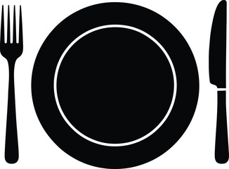 A black and white fork, knife and plate silhouette design on white background