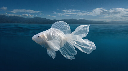 A plastic bag shaped with a fish, floating in the ocean. 
