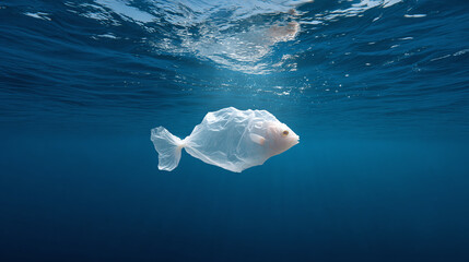 A plastic bag shaped with a fish, floating in the ocean. 