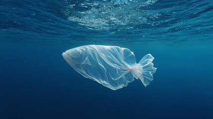 A plastic bag shaped with a fish, floating in the ocean. 