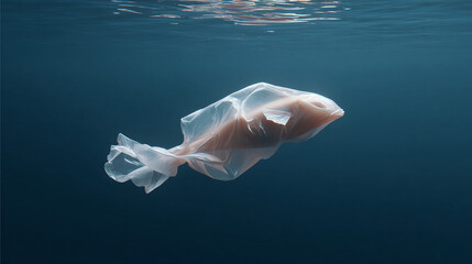 A plastic bag shaped with a fish, floating in the ocean. 