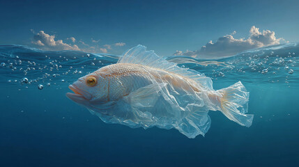 A plastic bag shaped with a fish, floating in the ocean. 