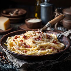 traditional Italian pasta carbonara, creamy sauce and parmesan cheese